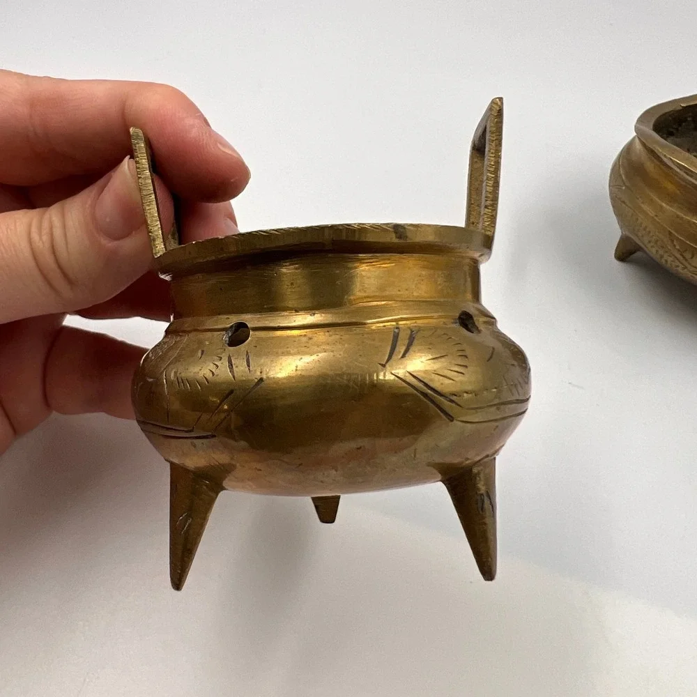 Vintage Chinese Cast Brass Miniature Incense Burners Censer Pair Tripod Handled